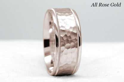 rose gold 8mm hammered wedding band for men and women