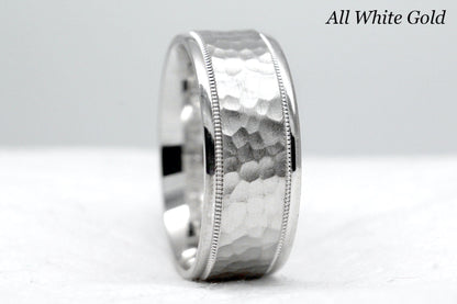 white gold 8mm hammered wedding band for men and women