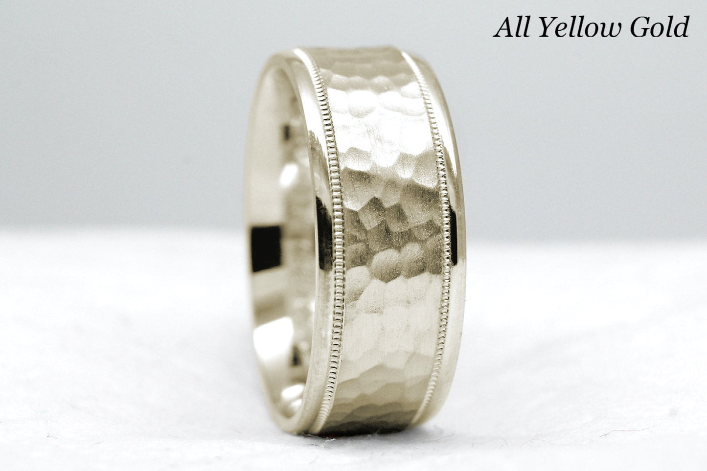 yellow gold 8mm hammered wedding band for men and women