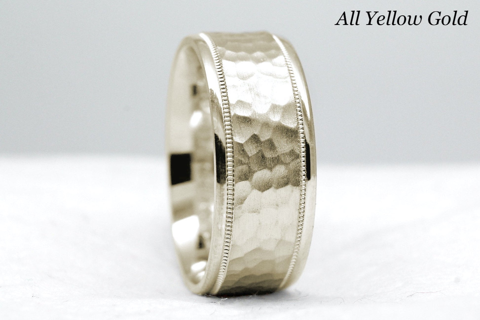 yellow gold 8mm hammered wedding band for men and women