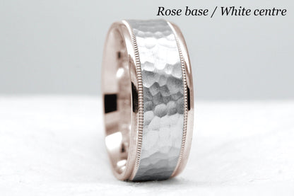 rose gold base and white gold centre. 8mm hammered wedding band for men and women