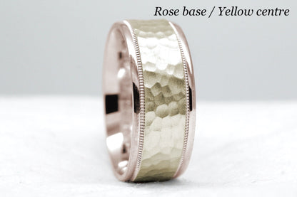 rose gold base and yellow gold centre. 8mm hammered wedding band for men and women