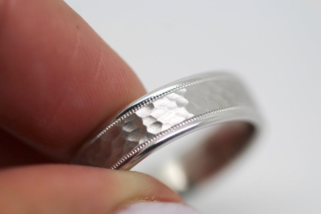 6mm 925 Silver Hammered Wedding Band for Men and Women with Milgrain | 8008