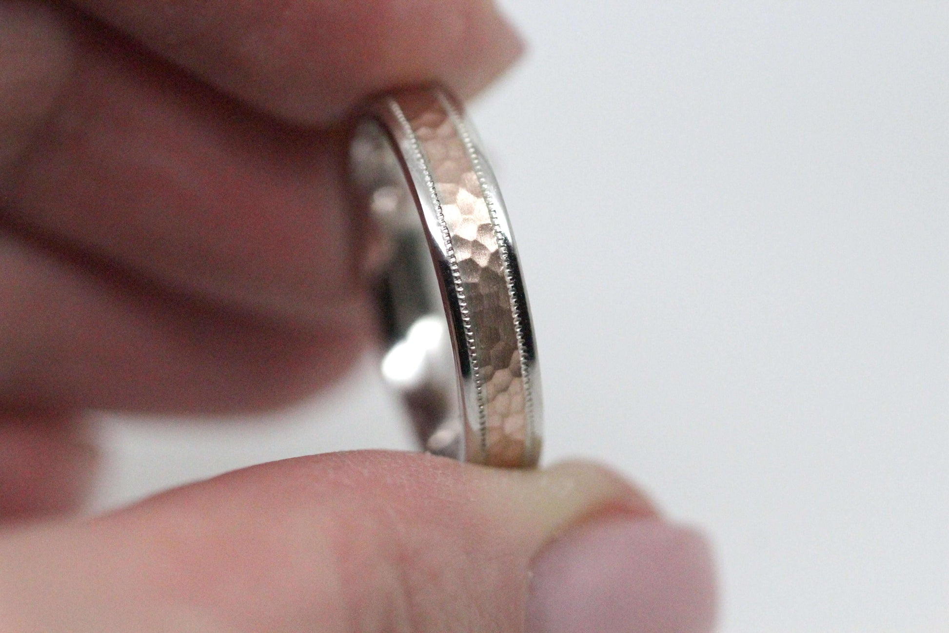 4mm white gold with rose gold hammered wedding ring for men and women