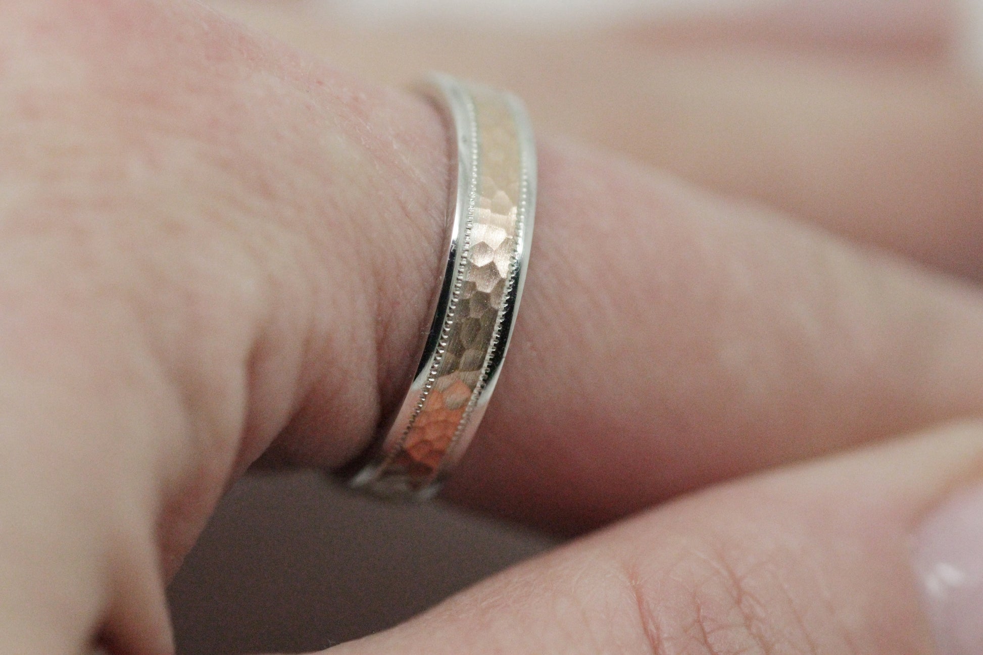 4mm white gold with rose gold hammered wedding ring for men and women