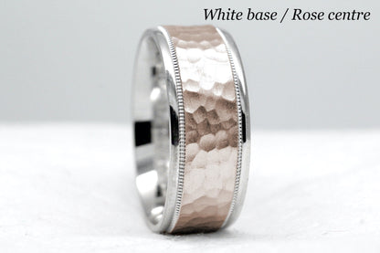 white gold base and rose gold centre. 8mm hammered wedding band for men and women