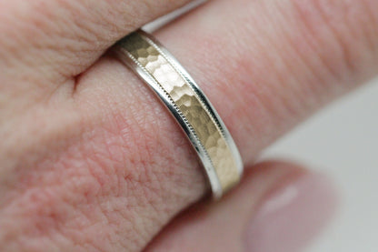 4mm white gold with yellow gold hammered wedding ring for men and women