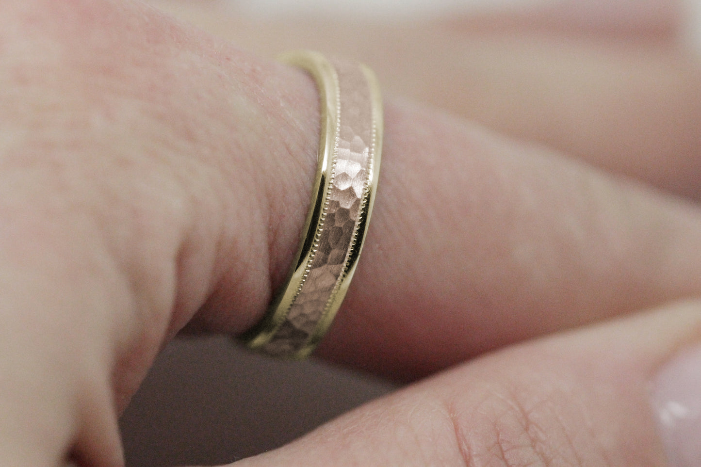 4mm yellow gold with rose gold hammered wedding ring for men and women