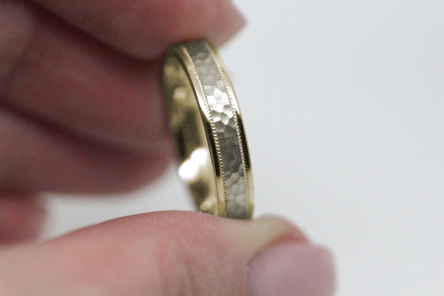 4mm yellow gold with white gold hammered wedding ring for men and women