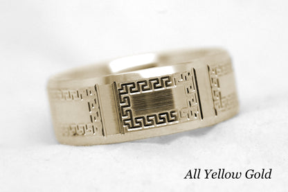 8mm Gold Wedding Band for Men and Women Beveled with Greek Design | AT-8171