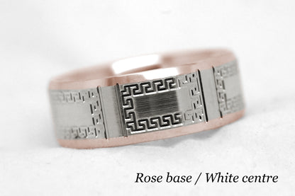 8mm Gold Wedding Band for Men and Women Beveled with Greek Design | AT-8171