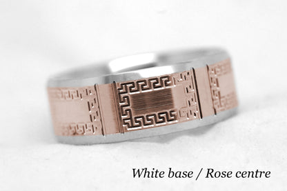 8mm Gold Wedding Band for Men and Women Beveled with Greek Design | AT-8171