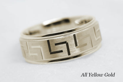8mm Gold Wedding Band for Men and Women with Greek Design | T-8175