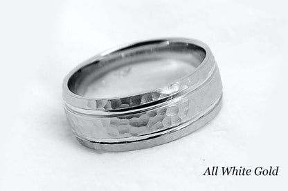8mm wide Solid white gold ring for men featuring hammered finish and polished lines. Low dome look with comfort fit.