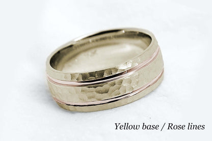 8mm wide Solid yellow gold ring for men featuring hammered finish and rose gold polished lines. Low dome look with comfort fit.