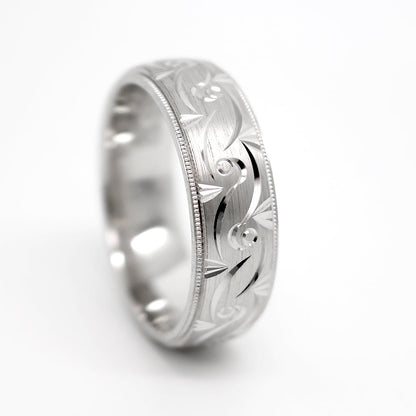 Solid gold infinity filigree wedding band for men and women in white gold 
