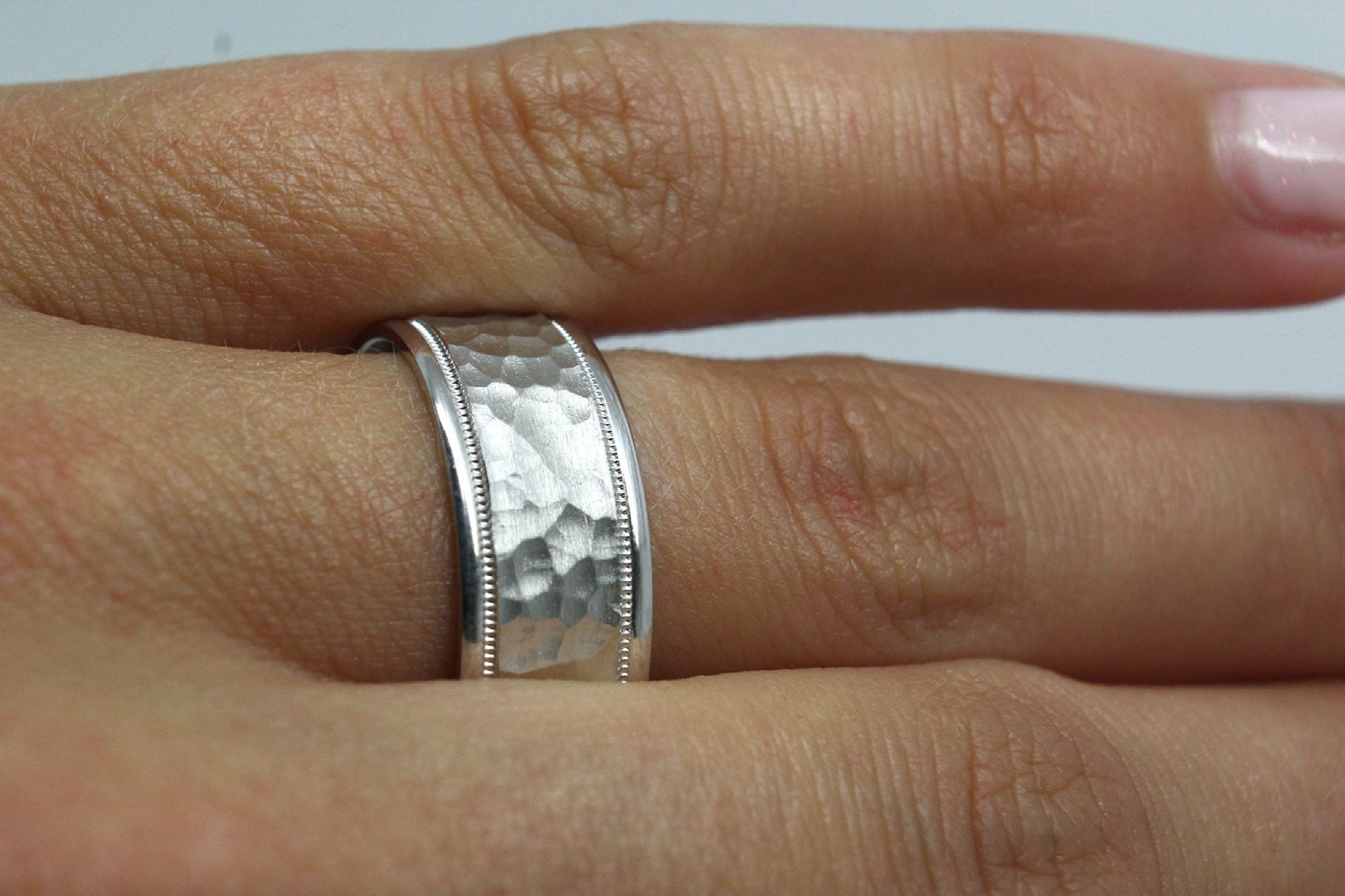 white gold 8mm hammered wedding band for men and women