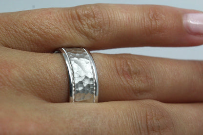 white gold 8mm hammered wedding band for men and women