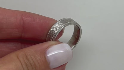 6mm 925 Silver Hammered Wedding Band for Men and Women with Milgrain | 8008