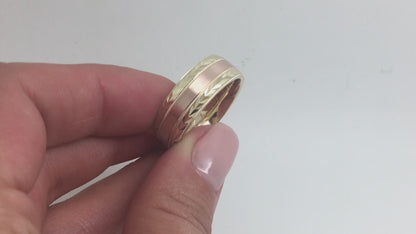 8mm Solid Gold Wedding Band for Men and Women Flat Brushed Filigree Edge | AT-0013