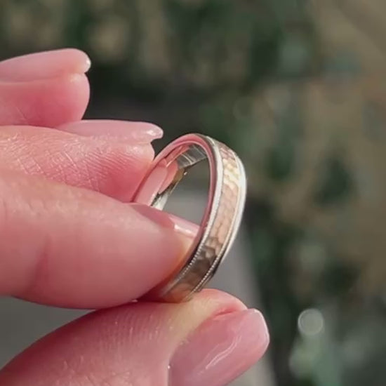 4mm white gold with rose gold hammered wedding ring for men and women