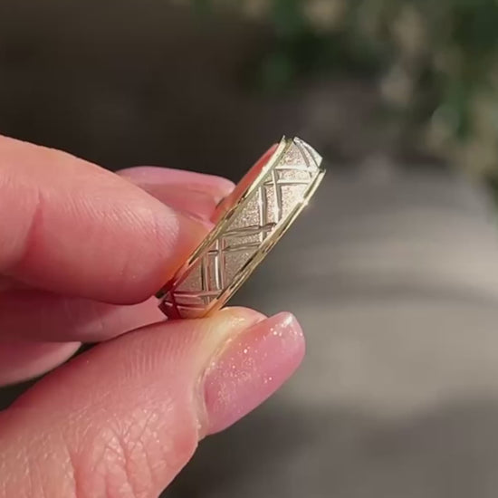 Men's wedding ring with geometric design and stardust finish. Yellow gold base white gold centre in 10k 14k 18k Two tone gold