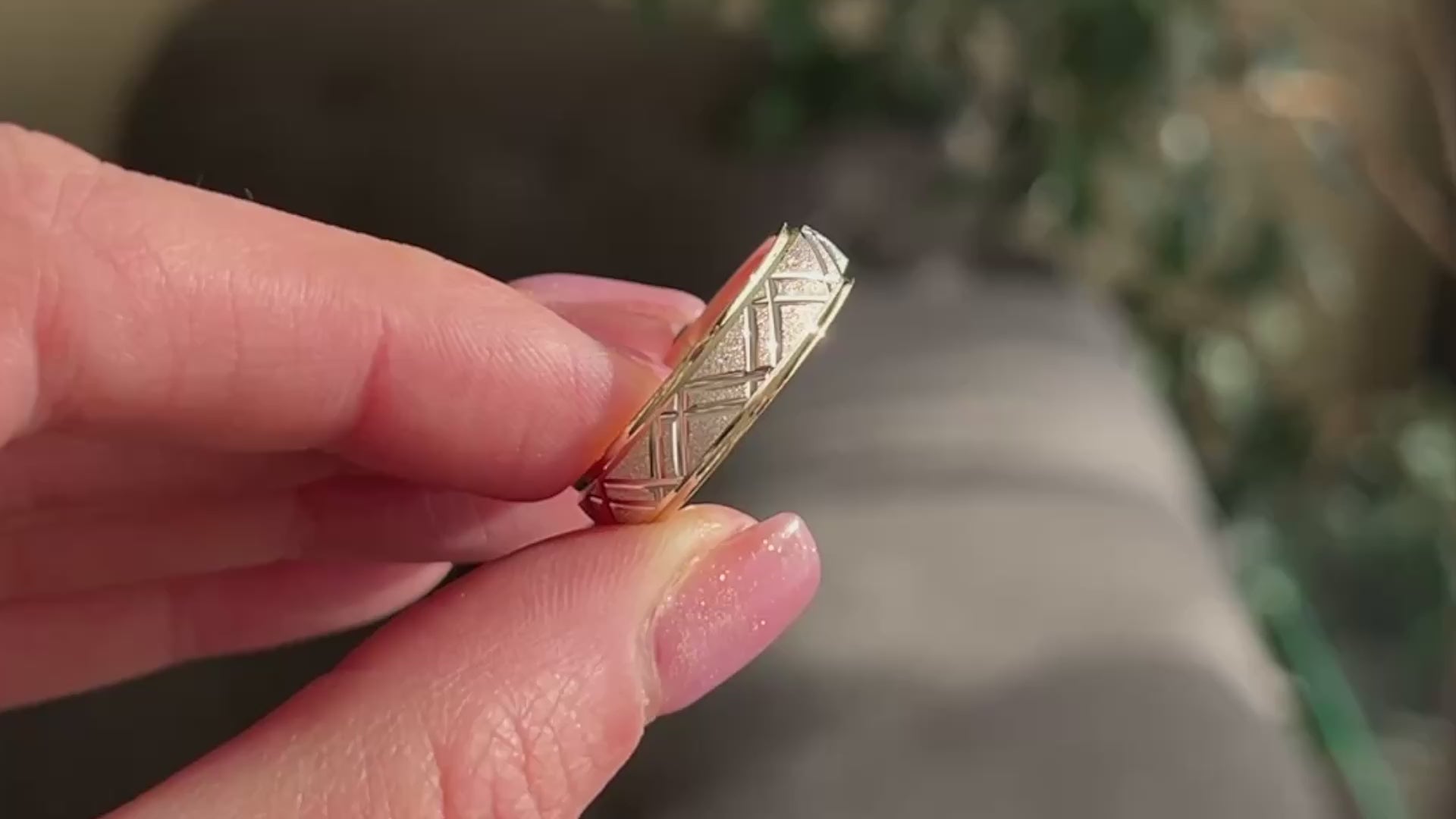 Men's wedding ring with geometric design and stardust finish. Yellow gold base white gold centre in 10k 14k 18k Two tone gold