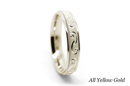 4mm solid gold wedding band for women with sparkly centre and incut moons design, one tone gold ring in yellow gold, available in 10k gold, 14k gold 18k gold, made by alexistreasury, alexis treasury, Alexi's Treasury, in Montreal Canada