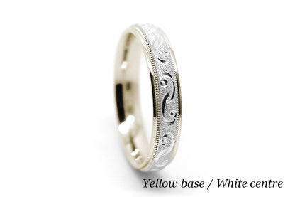 4mm solid gold wedding band for women with sparkly centre and incut moons design, two tone gold ring in yellow gold base and white gold centre, available in 10k gold, 14k gold 18k gold, made by alexistreasury, alexis treasury, Alexi's Treasury, in Montreal Canada