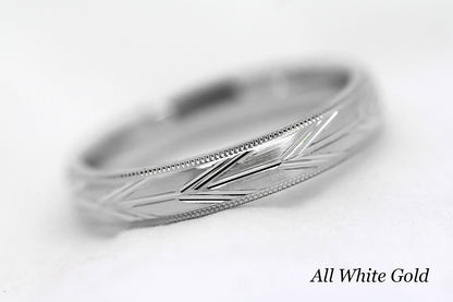 4mm solid gold wedding band in white gold, featuring brushed centre with incut arrows design and milgrain edge, available in 10k gold 14k gold or 18k gold