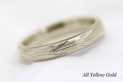 4mm solid gold wedding band in yellow gold, featuring brushed centre with incut arrows design and milgrain edge, available in 10k gold 14k gold or 18k gold