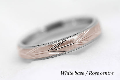 4mm solid gold wedding band with white gold base and rose gold centre, featuring brushed centre with incut arrows design and milgrain edge, available in 10k gold 14k gold or 18k gold