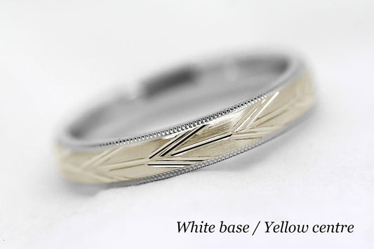 4mm solid gold wedding band with white gold base and yellow gold centre, featuring brushed centre with incut arrows design and milgrain edge, available in 10k gold 14k gold or 18k gold
