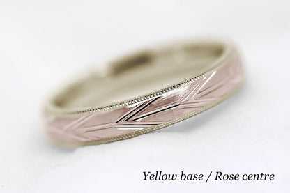 4mm solid gold wedding band with yellow gold base and rose gold centre, featuring brushed centre with incut arrows design and milgrain edge, available in 10k gold 14k gold or 18k gold