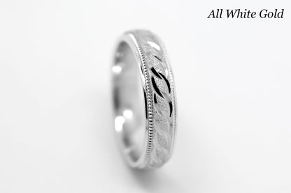 4mm solid gold wedding band in white gold, featuring stone finish centre with incut moons design and milgrain edge, available in 10k gold 14k gold and 18k gold