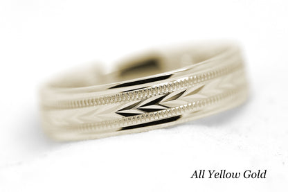 6mm Gold Wedding Band for Men with Wheat Design and wide Milgrain | T-0012