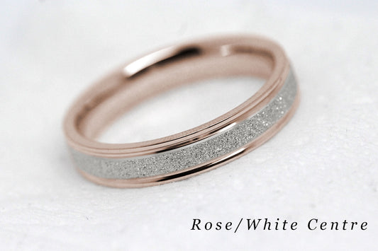 4mm solid gold wedding band for women and men with sparkly white gold centre and polished rose gold base and edges, available in 10 karat 14 karat or 18 karat gold