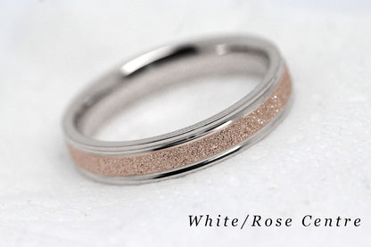 4mm solid gold wedding band for women and men with sparkly Rose gold centre and polished White gold base and edges, available in 10 karat 14 karat or 18 karat gold