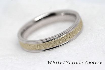 4mm solid gold wedding band for women and men with sparkly yellow gold centre and polished white gold base and edges, available in 10 karat 14 karat or 18 karat gold