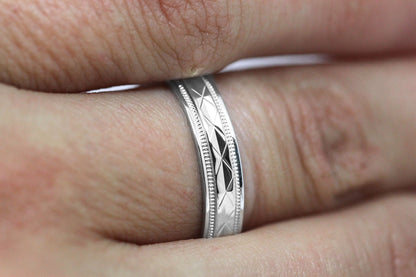 4mm 925 Silver Filigree Rhombus with Milgrain Wedding Band for Men and Women | T-0022