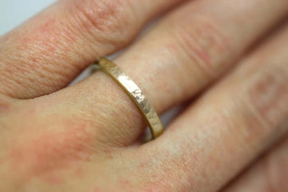 2mm Gold Flat Hammered Wedding Band for Women | AT-0022 | 2mm gold wedding band for women. This stacking 10k gold hammered ring is a stunning piece that's designed to last a lifetime. Perfect as wedding band, anniversary ring, birthday gift, or Valentine'