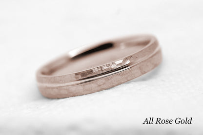 4mm 10 karat 14 karat or 18 karat solid gold hammered wedding band in rose gold with off centre rose gold polished line