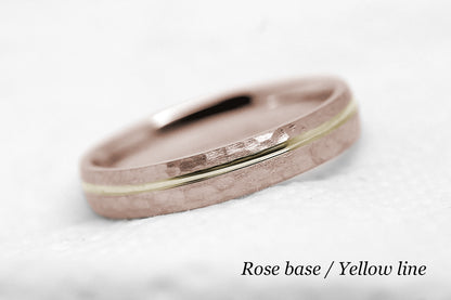 4mm 10 karat 14 karat or 18 karat solid gold hammered wedding band in rose gold with off centre yellow gold polished line