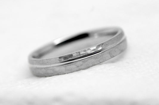 4mm solid 925 sterling silver hammered wedding band with off centre polished line