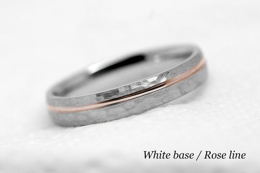 4mm 10 karat 14 karat or 18 karat solid gold hammered wedding band in white gold with off centre rose gold polished line