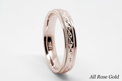 4mm Gold Filigree Rhombus and Circles with Milgrain Wedding Band for Women and Men | T-0026