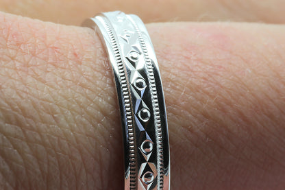 4mm 925 Silver Filigree Rhombus and Circles with Milgrain Wedding Band for Men and Women | T-0026