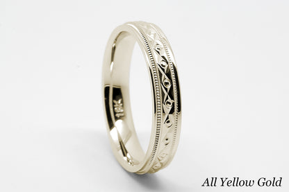 4mm Gold Filigree Rhombus and Circles with Milgrain Wedding Band for Women and Men | T-0026