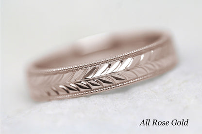 5mm Gold Leafy Floral Design with Milgrain Wedding Band for Men and Women | AT-0032