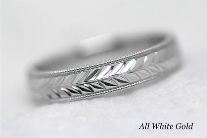 5mm Gold Leafy Floral Design with Milgrain Wedding Band for Men and Women | AT-0032